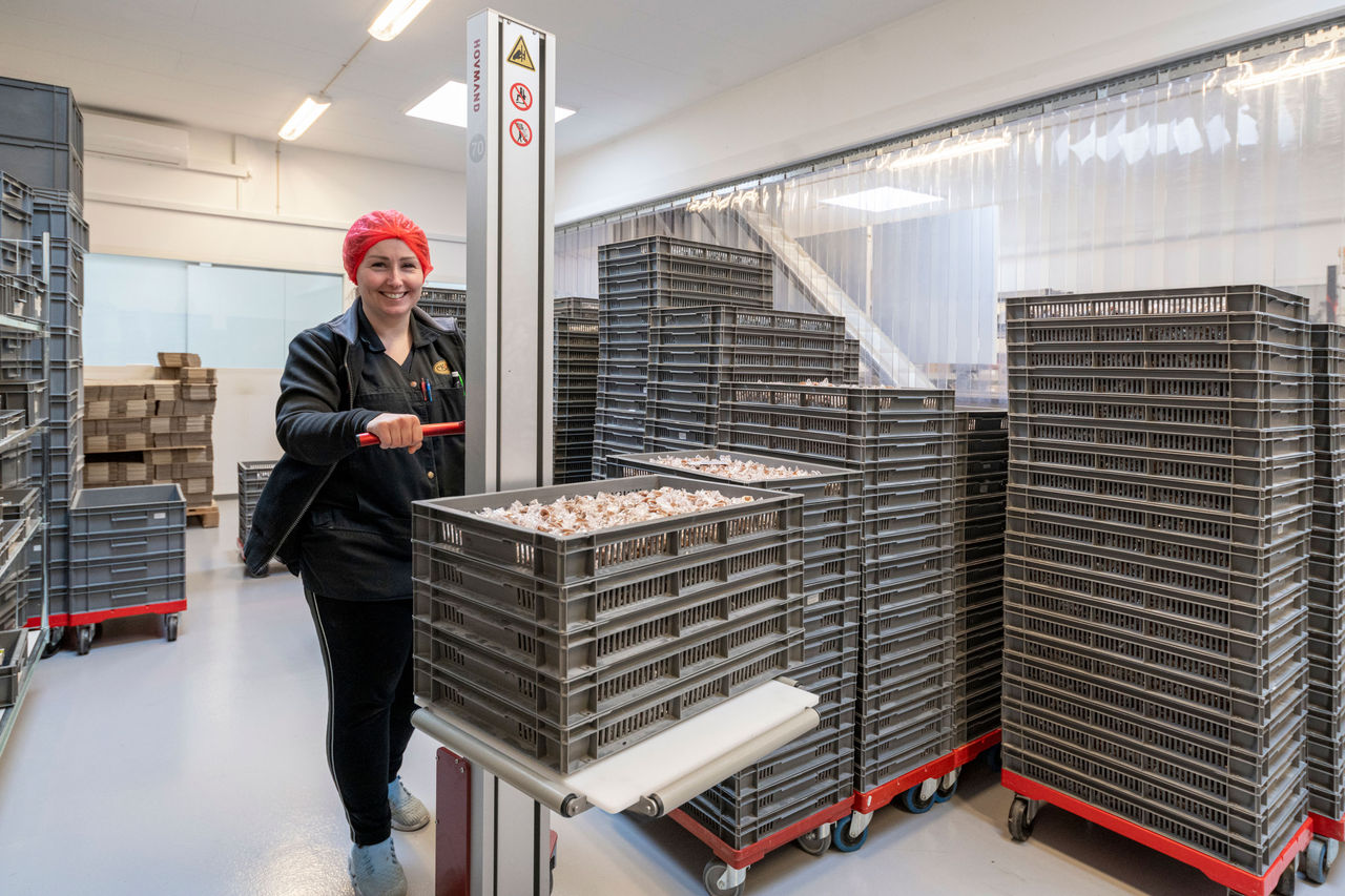 Hovmand Ergonomisch und effizient: Mit den Hebelösungen von Hovmand werden mehrere Verpackungskisten von einer Person allein transportiert, ohne dass diese schwer heben muss.